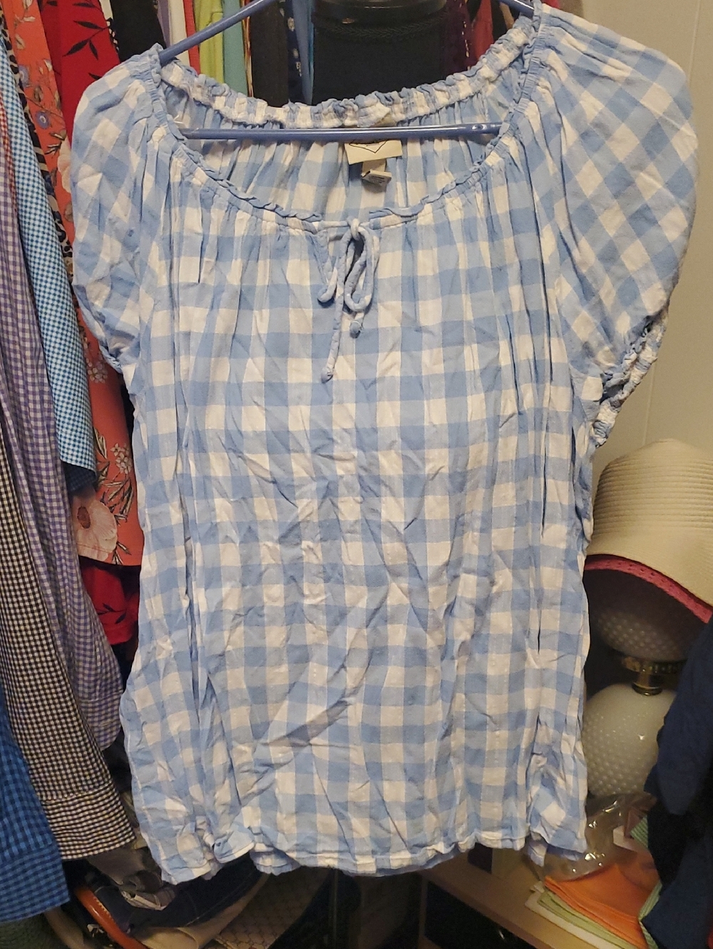 St. John's Bay Light Blue and White Gingham Peasant Blouse
